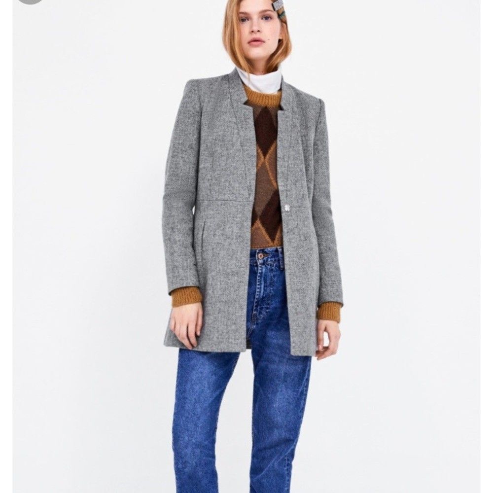 ZARA Gray Wool Herringbone Inverted Lapel Frock Coat Academia SIZE SMALL